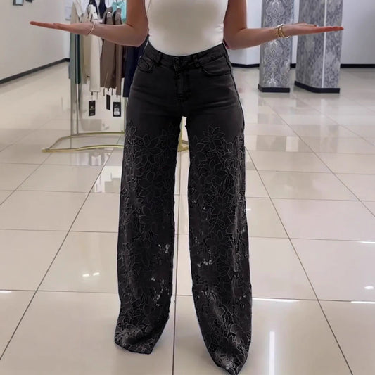 Lace Flowers Hollow Jeans Fashion High Waist Straight Wide Leg Pants Solid Color Trousers Women's Clothing - NOMAN STORE LLC