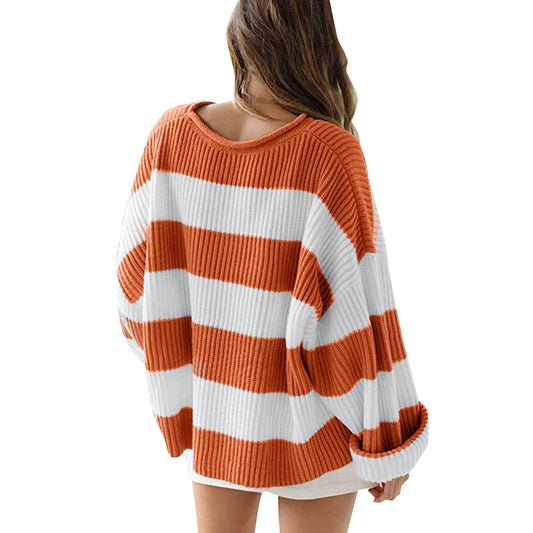 Loose Striped Sweater Fashion Casual Long Batwing Sleeve Round Neck Pullover Knit Tops Women Clothing - NOMAN STORE LLC