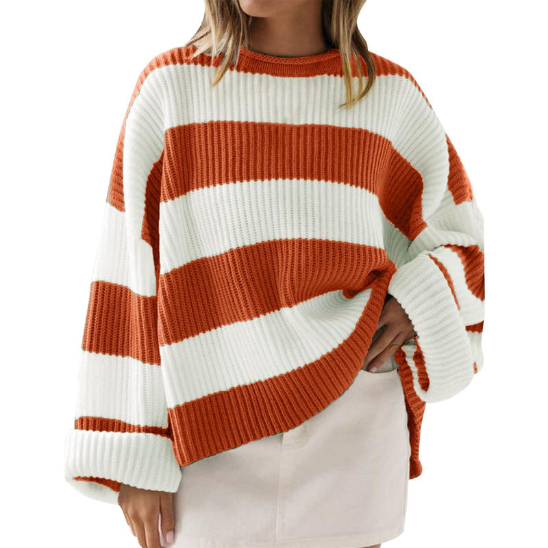 Loose Striped Sweater Fashion Casual Long Batwing Sleeve Round Neck Pullover Knit Tops Women Clothing 00fa4b5a-3fa4-4488-9423-9b739511816a