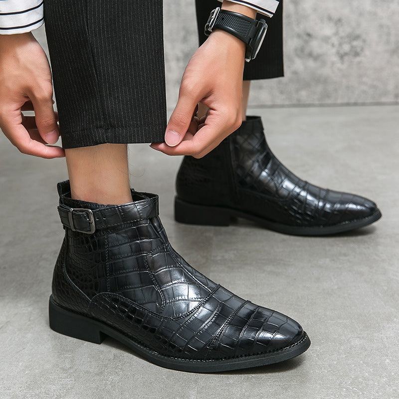 Men's Crocodile Pattern Boots Fashion Pointed Toe Low Square Heel Buckle Zipper Ankle Boots Business Formal Leather Shoes 0ce86d02-115b-4776-b55a-f7a35c06dd23