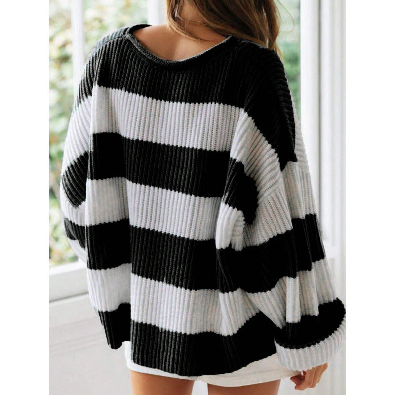 Loose Striped Sweater Fashion Casual Long Batwing Sleeve Round Neck Pullover Knit Tops Women Clothing 0d9207ff-b57d-46f4-9c5f-b7141075177a