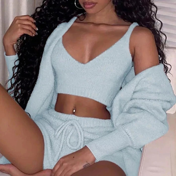 3pcs Womens Clothing Long Sleeve Crop Tank Top And Drawstring Shorts Pajama Set - NOMAN STORE LLC