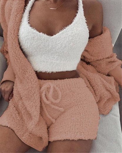 3pcs Womens Clothing Long Sleeve Crop Tank Top And Drawstring Shorts Pajama Set - NOMAN STORE LLC