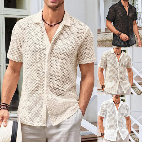 Summer Mesh Short Sleeve Shirt Fashion Solid Color Lapel Shirt Tops Beach Men Clothing 10a4c4a2-9dbb-4e55-b26e-e078e72b3de4