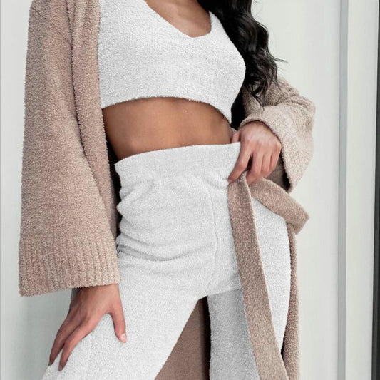 3pcs Womens Clothing Long Sleeve Crop Tank Top And Drawstring Shorts Pajama Set - NOMAN STORE LLC
