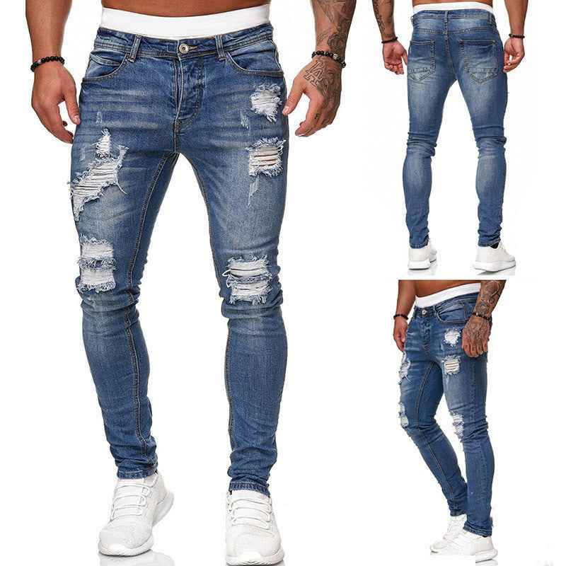 Fashion Street Style Ripped Skinny Jeans Men Vintage Wash Solid Denim Trouser Mens Casual Slim Fit Pencil Denim Pants 1612832989509