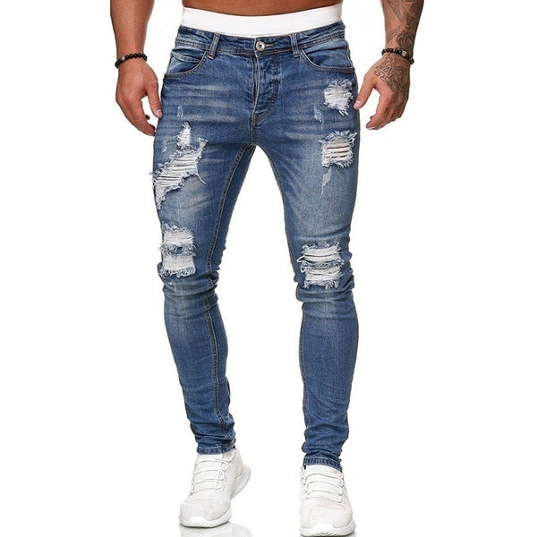 Fashion Street Style Ripped Skinny Jeans Men Vintage Wash Solid Denim Trouser Mens Casual Slim Fit Pencil Denim Pants 1612832996540