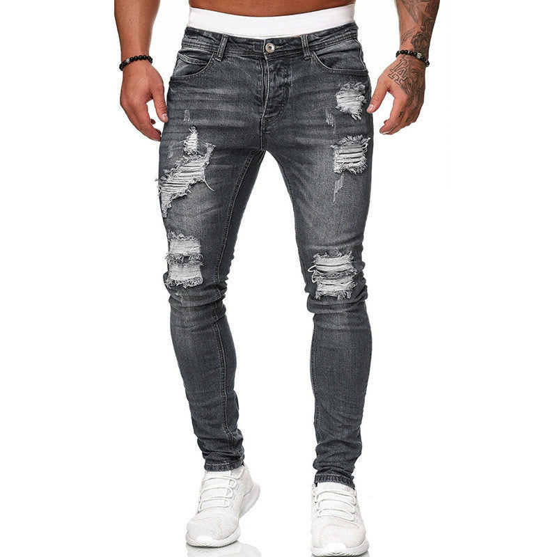 Fashion Street Style Ripped Skinny Jeans Men Vintage Wash Solid Denim Trouser Mens Casual Slim Fit Pencil Denim Pants 1612832996545