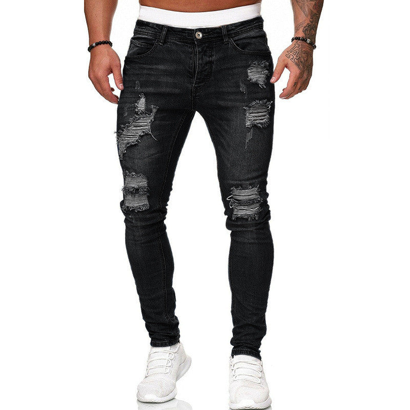 Fashion Street Style Ripped Skinny Jeans Men Vintage Wash Solid Denim Trouser Mens Casual Slim Fit Pencil Denim Pants 1612832996560