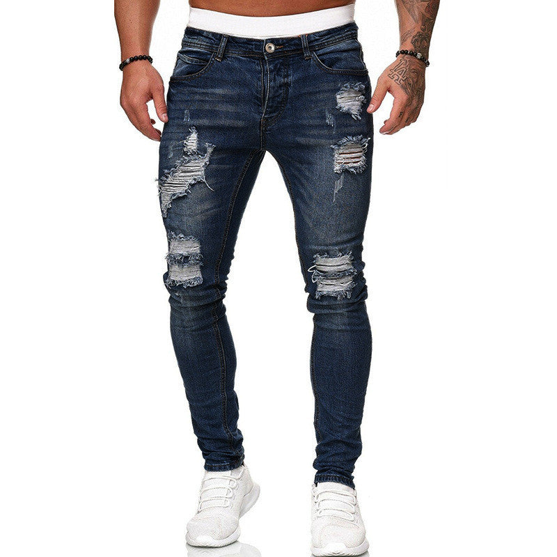 Fashion Street Style Ripped Skinny Jeans Men Vintage Wash Solid Denim Trouser Mens Casual Slim Fit Pencil Denim Pants 1612832996590