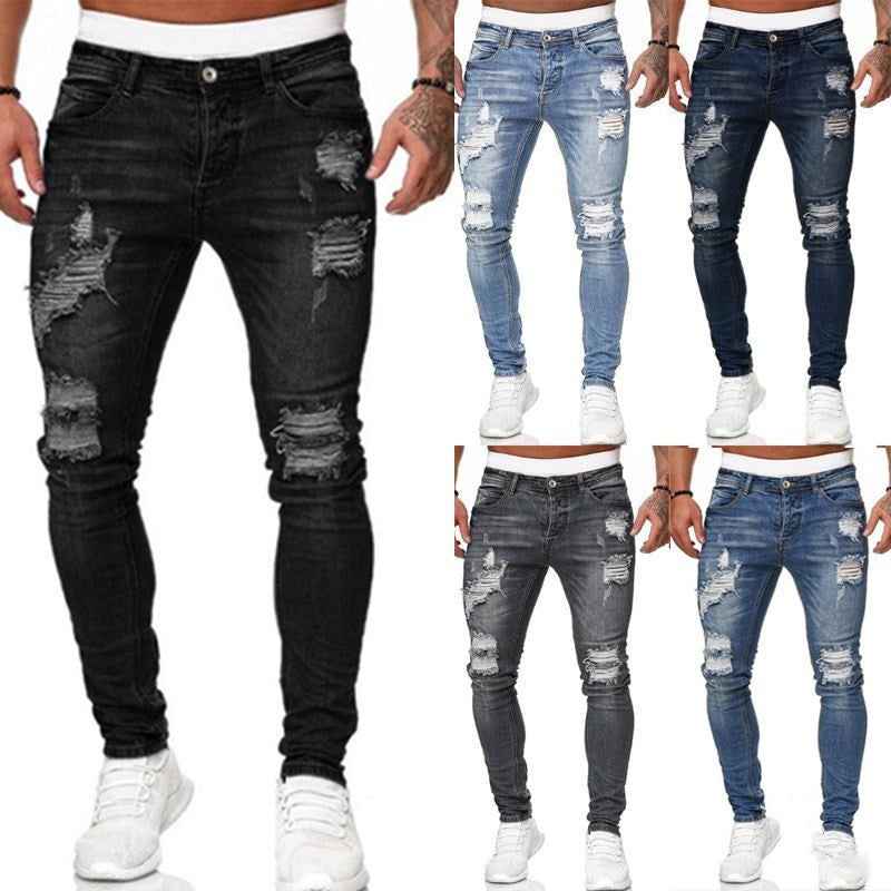 Fashion Street Style Ripped Skinny Jeans Men Vintage Wash Solid Denim Trouser Mens Casual Slim Fit Pencil Denim Pants 1612833004638