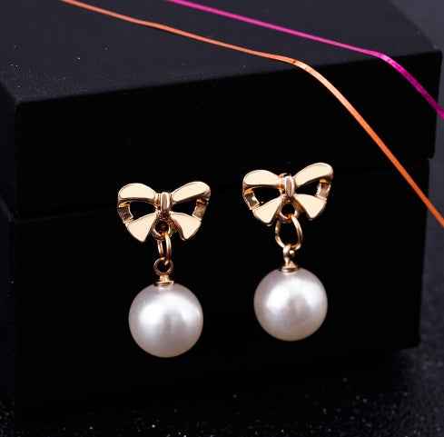 Hypoallergenic Heart-shaped Zircon Earrings Women's Bow Pearl Earrings 163258561114