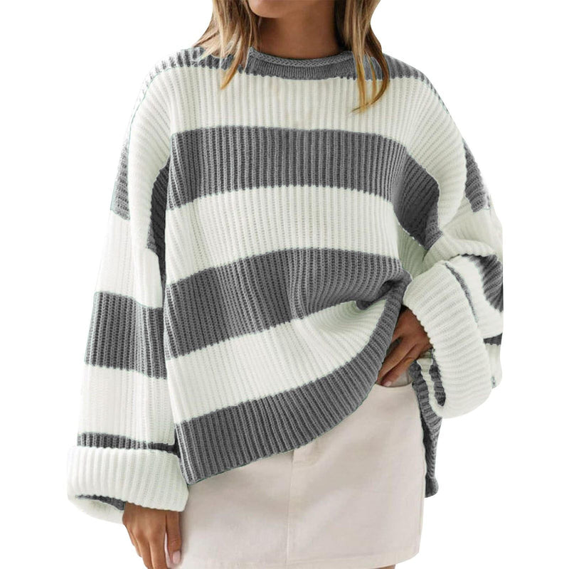 Loose Striped Sweater Fashion Casual Long Batwing Sleeve Round Neck Pullover Knit Tops Women Clothing 1989417d-0310-44f1-89a6-d7fbf9d4ec6d