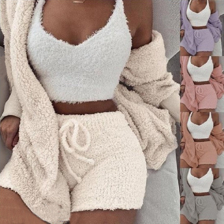 3pcs Womens Clothing Long Sleeve Crop Tank Top And Drawstring Shorts Pajama Set - NOMAN STORE LLC