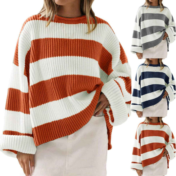 Loose Striped Sweater Fashion Casual Long Batwing Sleeve Round Neck Pullover Knit Tops Women Clothing 1d67e5be-6f37-442f-8204-1e57df9b96a5