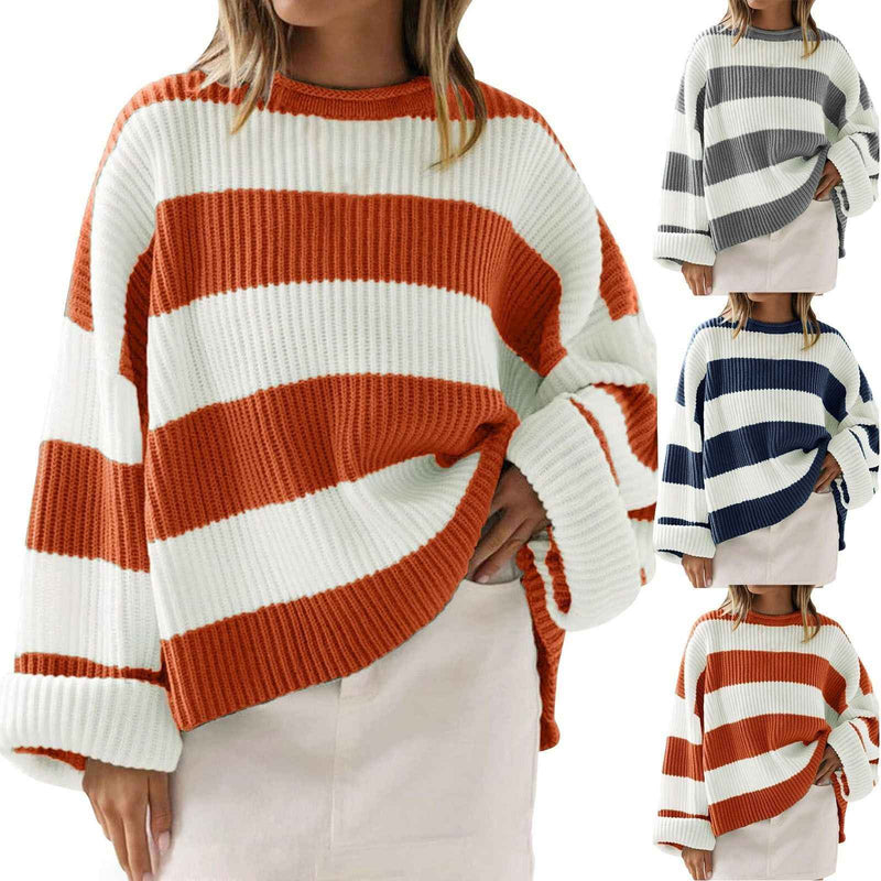 Loose Striped Sweater Fashion Casual Long Batwing Sleeve Round Neck Pullover Knit Tops Women Clothing 1d67e5be-6f37-442f-8204-1e57df9b96a5