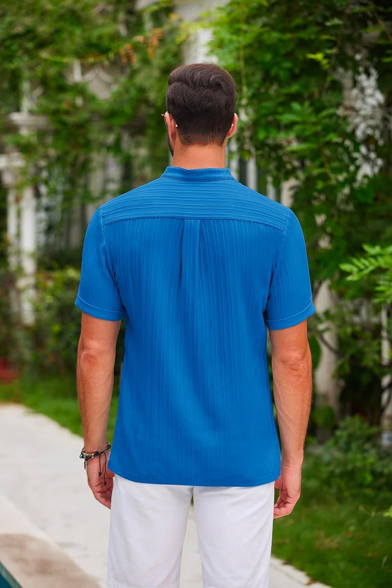 Summer Stand Collar Buttons Short Sleeve T-shirt Solid Color Stripe POLO Shirt Fashion Casual Beach Clothing For Men 1d8f9348-c87e-4940-a50c-9a316ec5ef2e