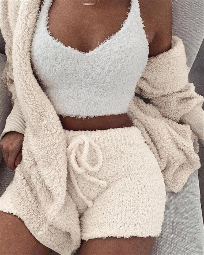3pcs Womens Clothing Long Sleeve Crop Tank Top And Drawstring Shorts Pajama Set - NOMAN STORE LLC