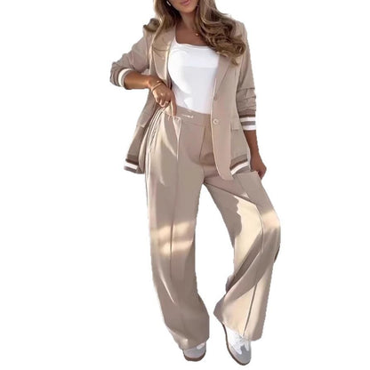 2 Pcs Set Women Suit Coat Pants Suit Lapel Long Sleeves Lady Jacket Wide Leg High Waist Trousers Female Commuting Office Outfit - NOMAN STORE LLC