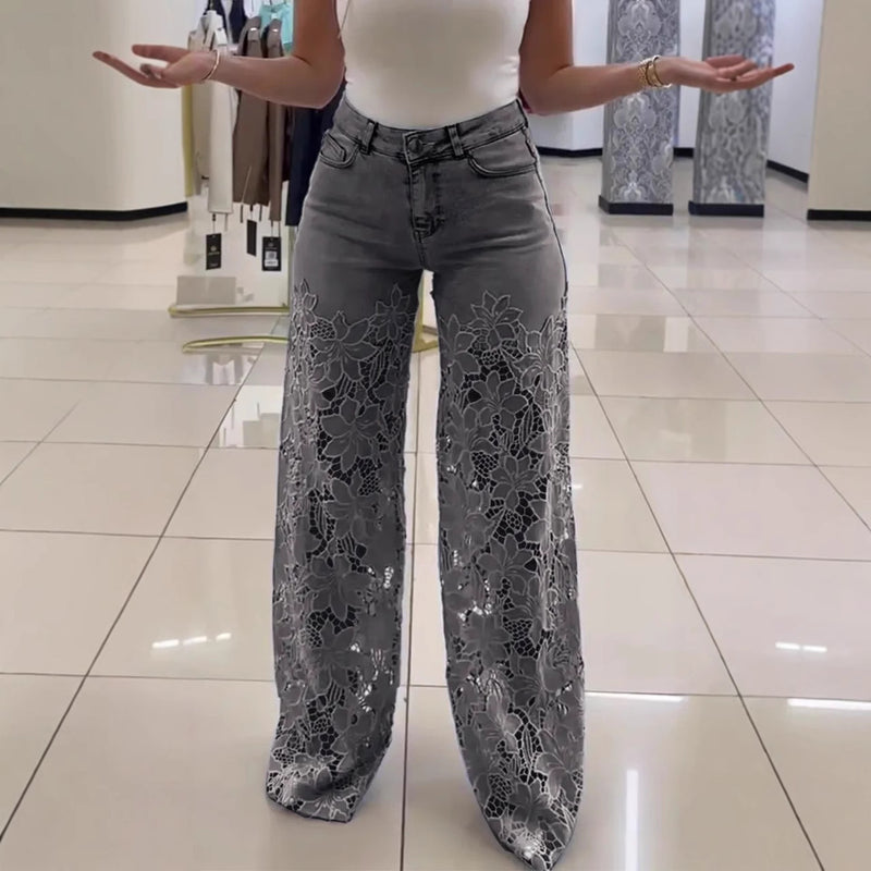 Y2K Lace Flowers Hollow Jeans Fashion High Waist Straight Wide Leg Pants Solid Color Trousers Women's Clothing 3a504921-77a8-4f86-96bf-5874b84c39f3
