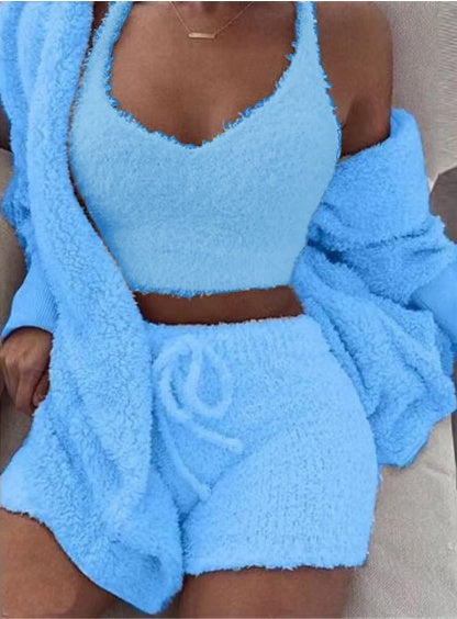 3pcs Womens Clothing Long Sleeve Crop Tank Top And Drawstring Shorts Pajama Set - NOMAN STORE LLC