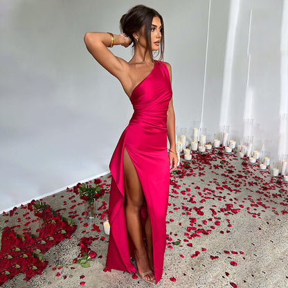 Sexy One-shoulder Backless Slit Dress Summer Elegant Slim-fit Solid Color Satin Dresses For Women - NOMAN STORE LLC