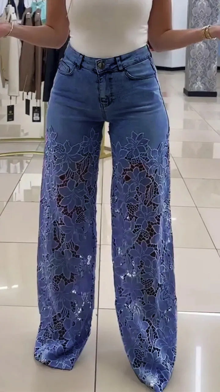 Y2K Lace Flowers Hollow Jeans Fashion High Waist Straight Wide Leg Pants Solid Color Trousers Women's Clothing 474835c5-3785-4b35-af57-54808c719677