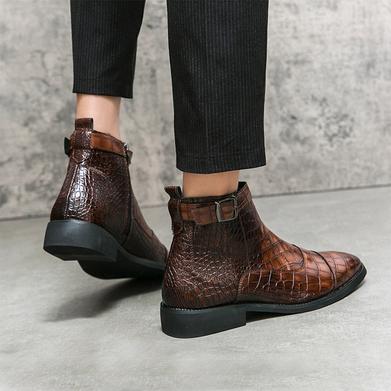 Men's Crocodile Pattern Boots Fashion Pointed Toe Low Square Heel Buckle Zipper Ankle Boots Business Formal Leather Shoes 47e69638-0847-4f09-a261-80c00c8c0a8c