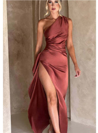 Sexy One-shoulder Backless Slit Dress Summer Elegant Slim-fit Solid Color Satin Dresses For Women - NOMAN STORE LLC