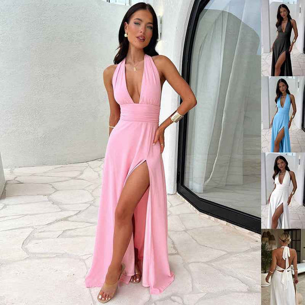 Sexy Halterneck V-neck Slit Dress Summer Backless Strappy Skirt Fashion Temperament Clothing Women 58269f88-c52a-453f-bdac-653bea5a6b12