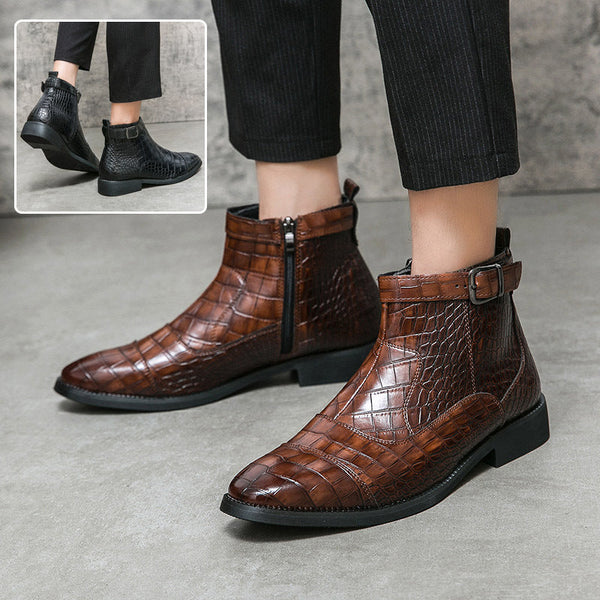 Men's Crocodile Pattern Boots Fashion Pointed Toe Low Square Heel Buckle Zipper Ankle Boots Business Formal Leather Shoes 5c08daf9-d4a5-4390-b143-6b047d6e2c31