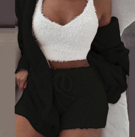 3pcs Womens Clothing Long Sleeve Crop Tank Top And Drawstring Shorts Pajama Set - NOMAN STORE LLC