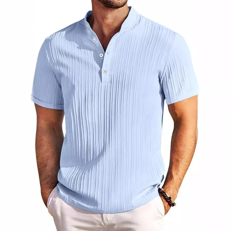 Summer Stand Collar Buttons Short Sleeve T-shirt Solid Color Stripe POLO Shirt Fashion Casual Beach Clothing For Men 60119d94-72cc-46d5-8aef-65cbac414a38