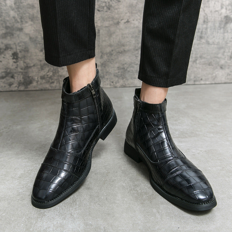 Men's Crocodile Pattern Boots Fashion Pointed Toe Low Square Heel Buckle Zipper Ankle Boots Business Formal Leather Shoes 649cb857-b1f3-4fd4-81d2-d4da9ff89589