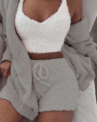 3pcs Womens Clothing Long Sleeve Crop Tank Top And Drawstring Shorts Pajama Set - NOMAN STORE LLC