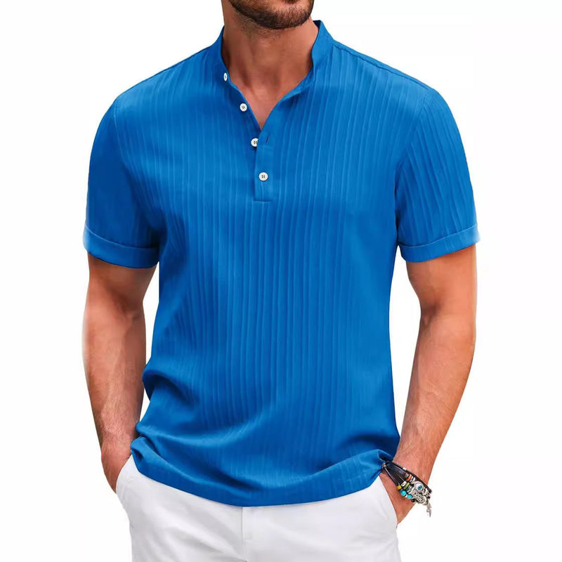 Summer Stand Collar Buttons Short Sleeve T-shirt Solid Color Stripe POLO Shirt Fashion Casual Beach Clothing For Men 682e14d4-707f-4450-bf4e-01b0ede2fe8c