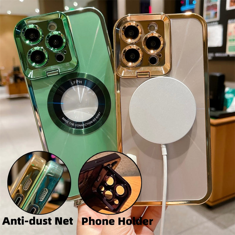 Electroplated Phone Case Luxury Plating CD Pattern Magsafe Bracket Case For 12 13 14 Pro Max Invisible Camera Stand Holder Lens Holder Magnetic Suction 6b1f9414-27fa-4e09-8166-a70ee840acf3