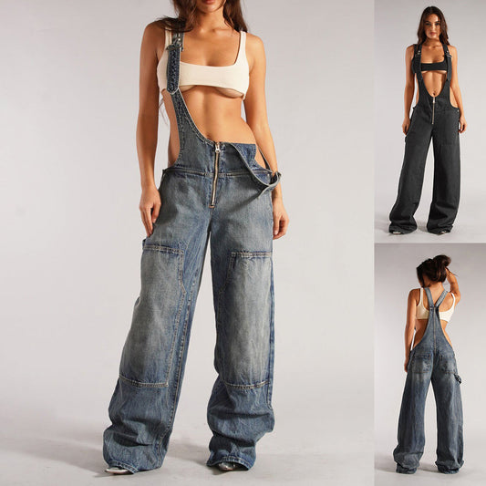 Y2K Zipper Denim Overalls With Pockets Fashion Loose Suspender Jumpsuit Streetwear Jeans Pants Womens Clothing - NOMAN STORE LLC