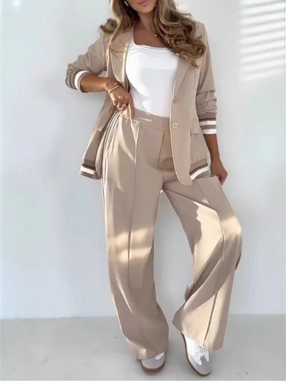 2 Pcs Set Women Suit Coat Pants Suit Lapel Long Sleeves Lady Jacket Wide Leg High Waist Trousers Female Commuting Office Outfit - NOMAN STORE LLC