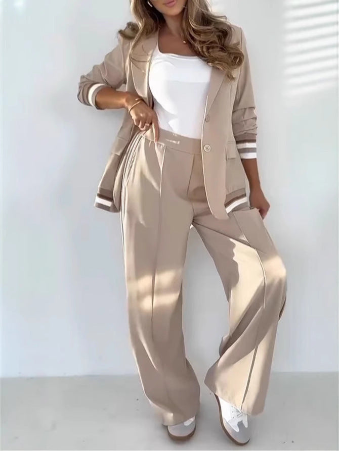 2 Pcs Set Women Suit Coat Pants Suit Lapel Long Sleeves Lady Jacket Wide Leg High Waist Trousers Female Commuting Office Outfit 6fbf2793-c569-4bc6-9c43-241508f5c9bc