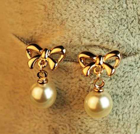 Hypoallergenic Heart-shaped Zircon Earrings Women's Bow Pearl Earrings 715862005120