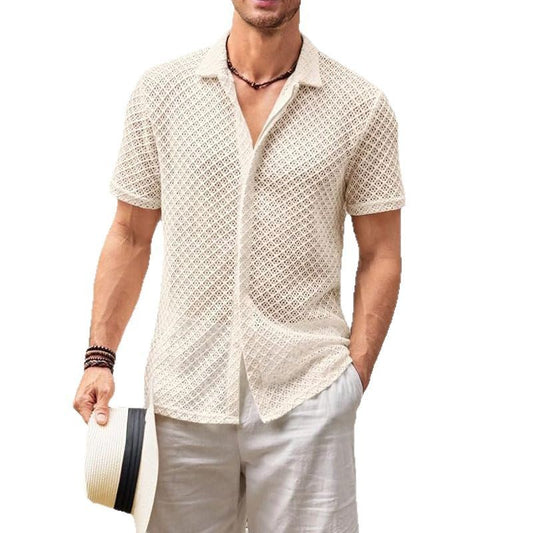 Summer Mesh Short Sleeve Shirt Fashion Solid Color Lapel Shirt Tops Beach Men Clothing - NOMAN STORE LLC