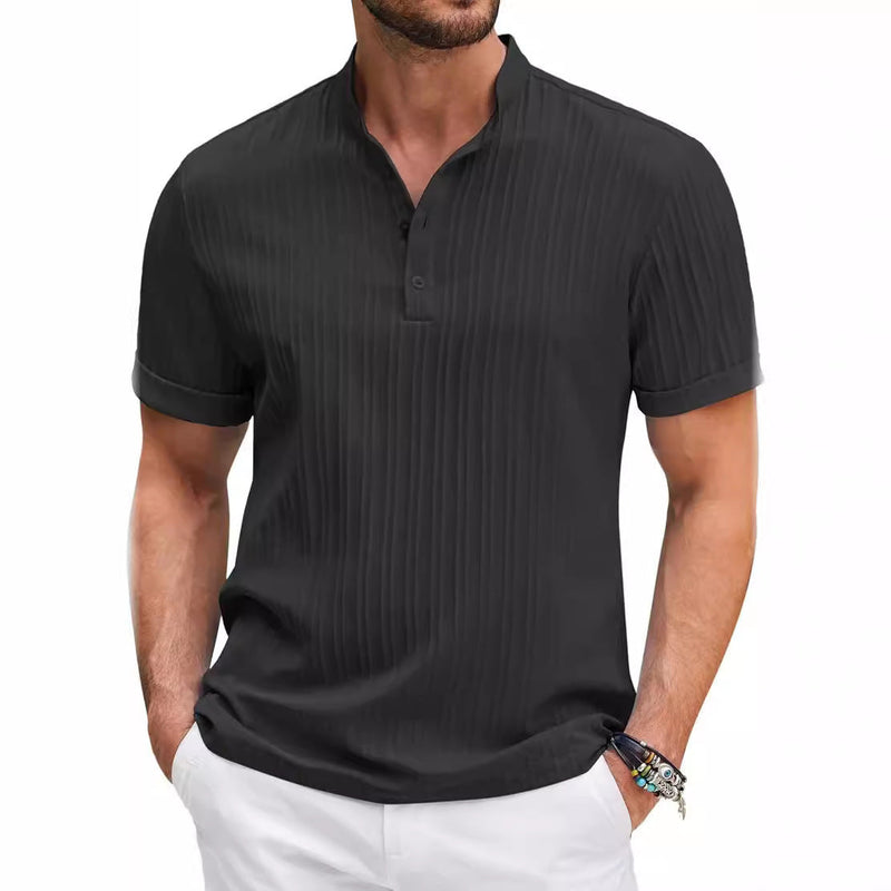 Summer Stand Collar Buttons Short Sleeve T-shirt Solid Color Stripe POLO Shirt Fashion Casual Beach Clothing For Men 766ac044-2e9a-48b9-a6b3-e3946c8d6e8e