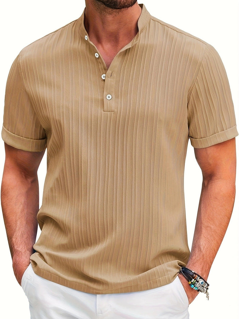 Summer Stand Collar Buttons Short Sleeve T-shirt Solid Color Stripe POLO Shirt Fashion Casual Beach Clothing For Men 8b79e999-2041-41fc-8a07-53059db1d77c