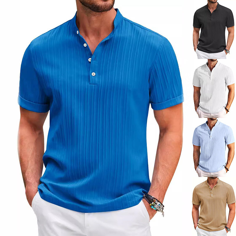 Summer Stand Collar Buttons Short Sleeve T-shirt Solid Color Stripe POLO Shirt Fashion Casual Beach Clothing For Men 9019526b-0aee-4d71-8e09-fcfdf28d0de8
