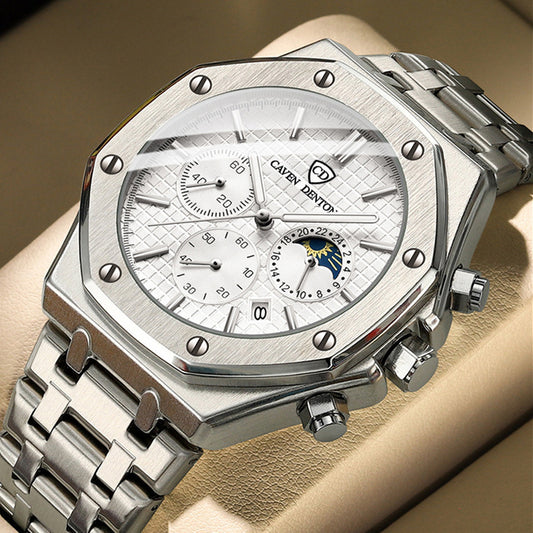 Waterproof High-grade Three Eyes And Six Needles Multi-functional Moon Phase Men's Steel Strap Watch - NOMAN STORE LLC