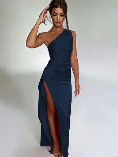 Sexy One-shoulder Backless Slit Dress Summer Elegant Slim-fit Solid Color Satin Dresses For Women - NOMAN STORE LLC