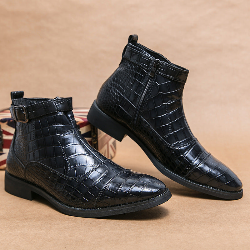 Men's Crocodile Pattern Boots Fashion Pointed Toe Low Square Heel Buckle Zipper Ankle Boots Business Formal Leather Shoes 9647166f-7925-418b-a42e-2a17cc7a93f5