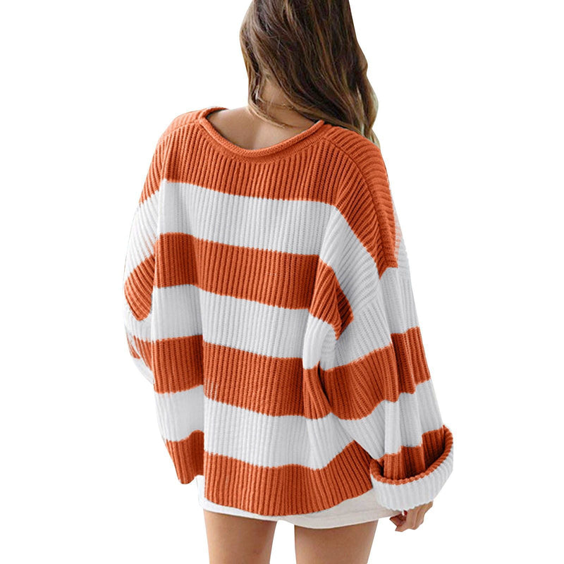 Loose Striped Sweater Fashion Casual Long Batwing Sleeve Round Neck Pullover Knit Tops Women Clothing 96b16232-fb1d-44e7-a1e4-2654e573a078