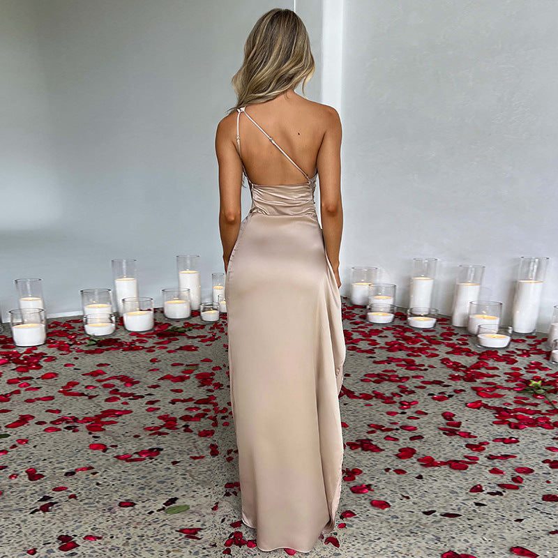 Sexy One-shoulder Backless Slit Dress Summer Elegant Slim-fit Solid Color Satin Dresses For Women - NOMAN STORE LLC
